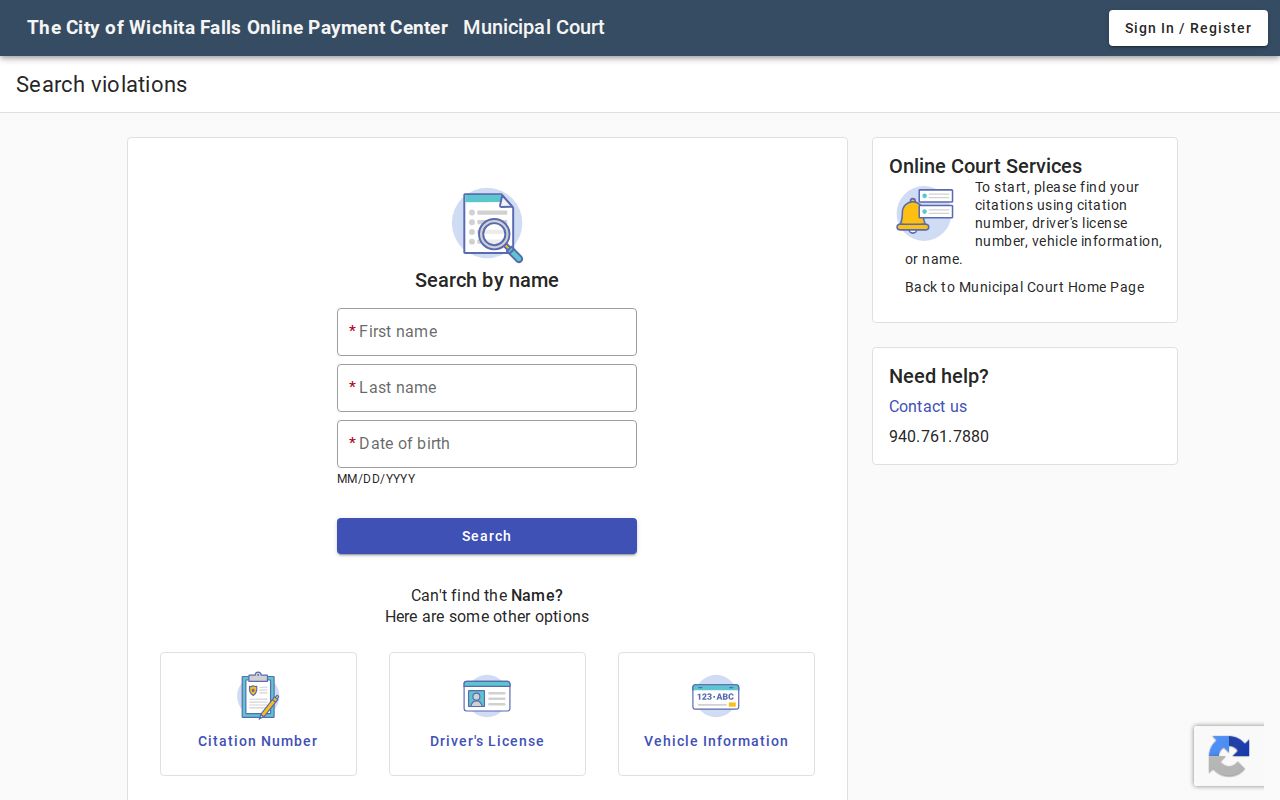 Wichita Falls citation portal name, date-of-birth, and business search fields