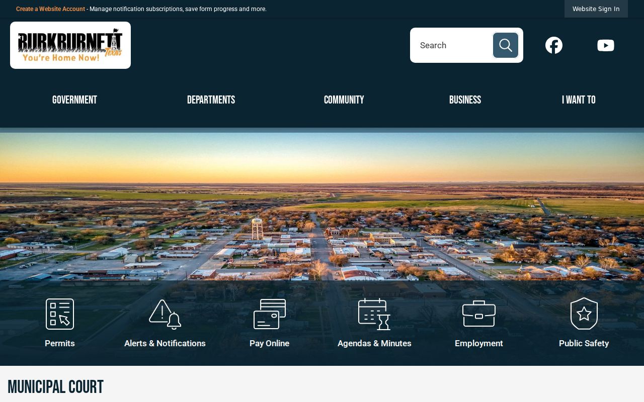 Burkburnett Municipal Court page with Justice Center and payment details