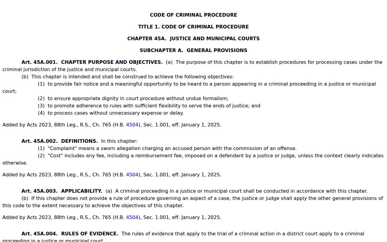 Texas Chapter 45A statutory page on justice and municipal court procedure