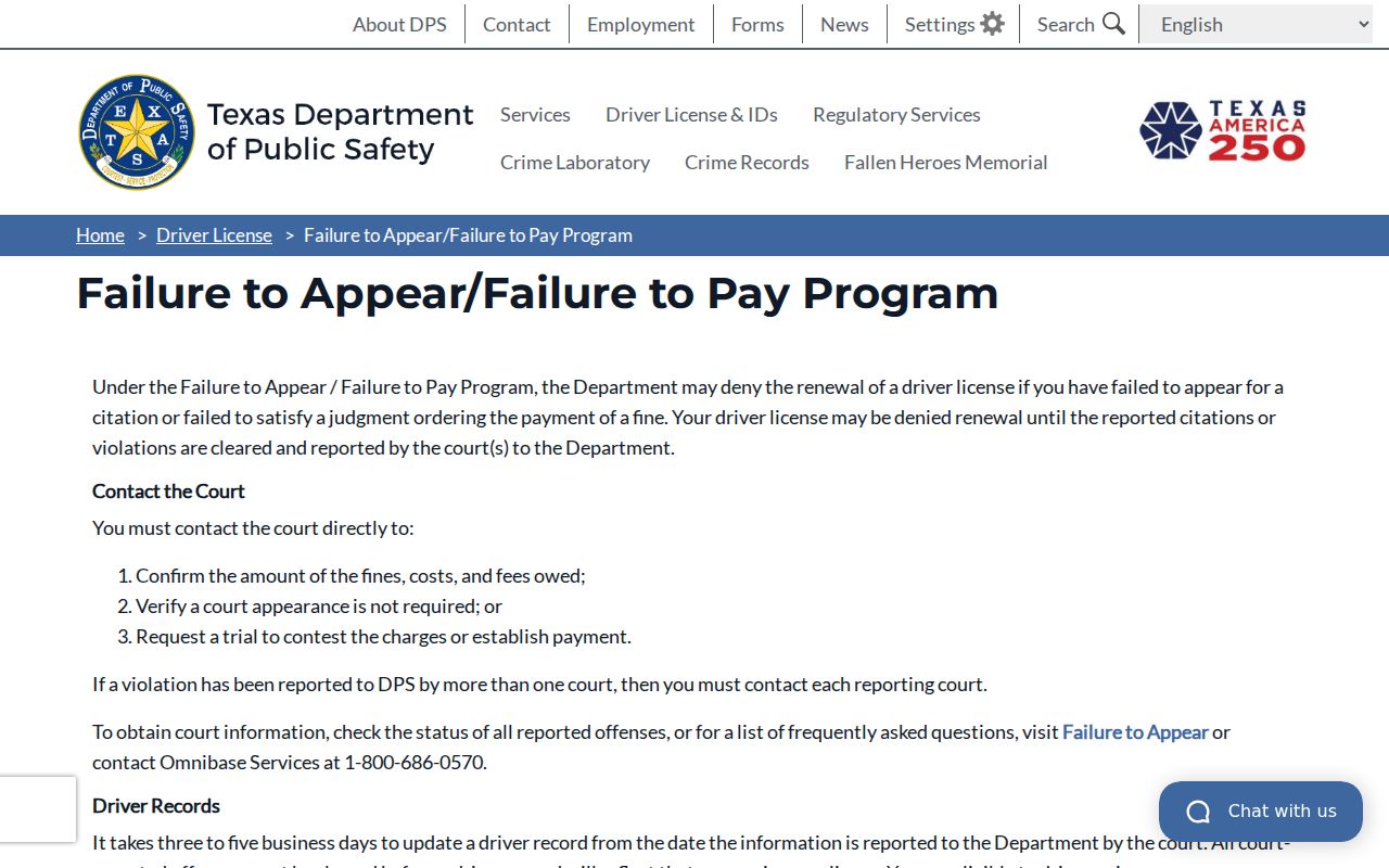 Texas DPS failure-to-appear and failure-to-pay program guidance