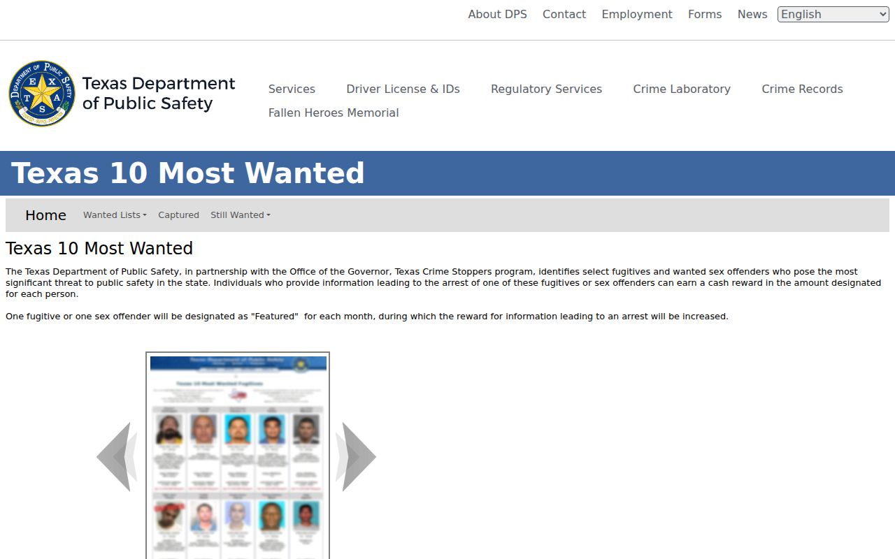 Texas DPS 10 Most Wanted program heading without a roster entry