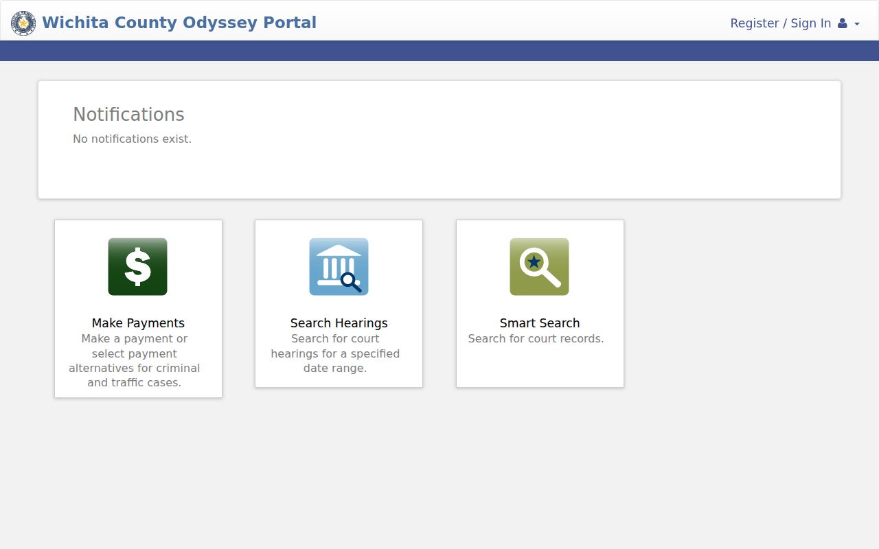 Wichita County Odyssey landing screen with Smart Search, Search Hearings, and Make Payments